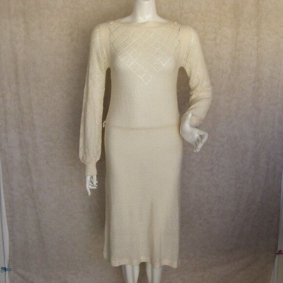 Vintage Knit Midi Dress, S, Ivory Acrylic, Long sleeves, Pointelle, 70s - Picture 13 of 13